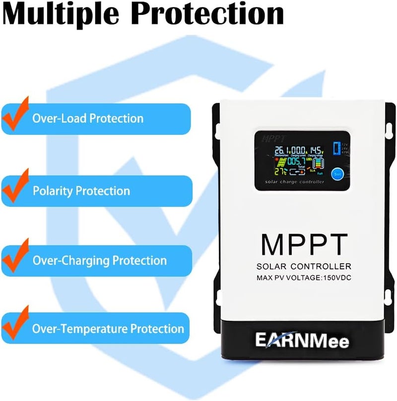EARNMee 60A MPPT Solar Charge Controller, 18-150VDC PV Input, 12V/24V/48V Adjustable Output, Ideal for RV, Large Solar Systems, Compatible with Mono/Poly Panels & Lead-Acid/Lithium Batteries - Image 3